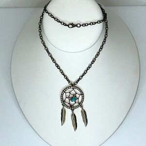 Handmade Dream Catcher Genuine Turquoise Nugget Solid Bronze Necklace Boho